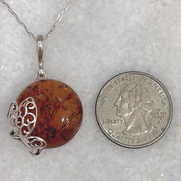 Baltic Amber Sterling Silver Pendant with Butterfly Detail Necklace - Picture 12 of 12